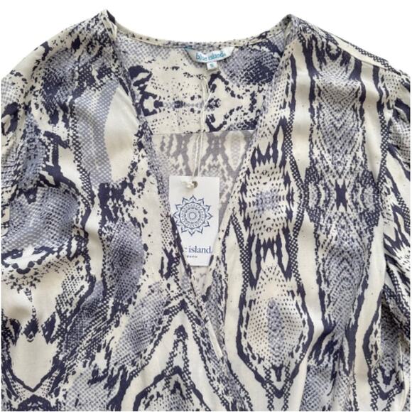 Blue Island Beach Blue Ivory Long Sleeve Tassel Tie Swimsuit Coverup Dress Small - Picture 8 of 12